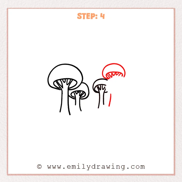 how to draw a cartoon forest - Step 4 of a cartoon forest drawing begins a new, larger tree in the upper right by adding a dome canopy, underside ribs, and one guiding trunk line.